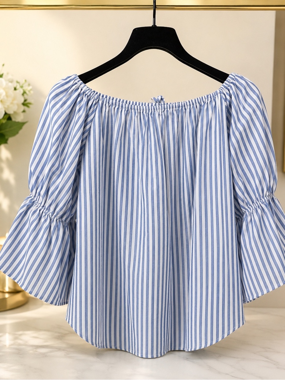 Striped Off-Shoulder Blouse with Tassel Tie in Light Blue - Picture 3 of 3